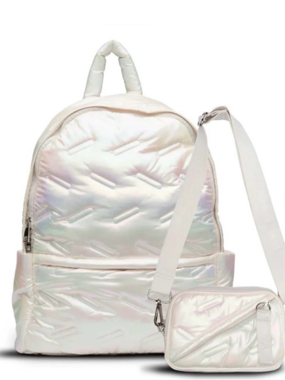 Go Dash Dot Iridescent Holographic Quilted Backpack with Crossbody Bag